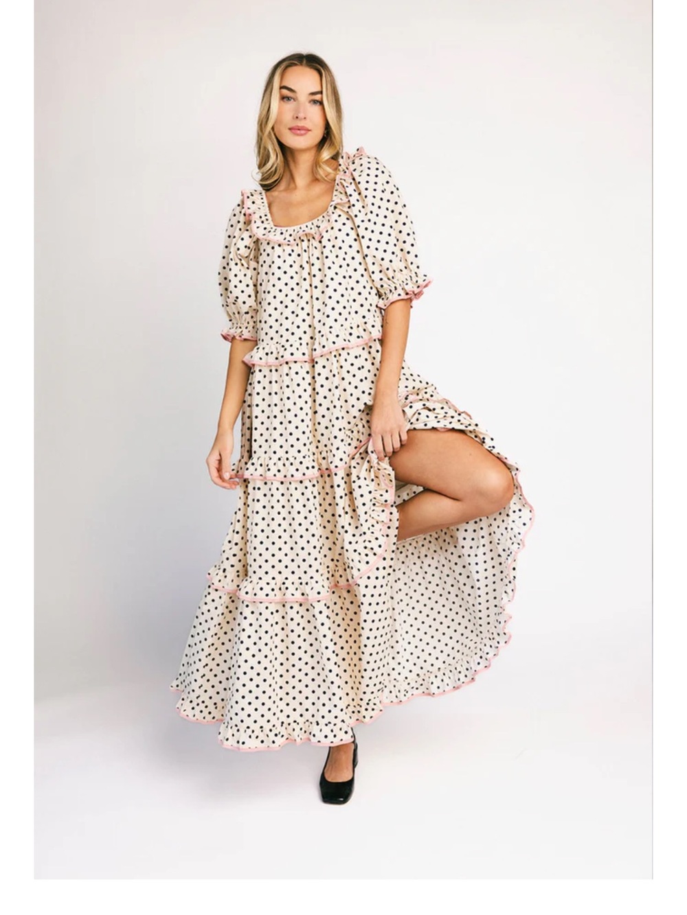 Cream Polka Dot Maxi Dress with Pink Trim